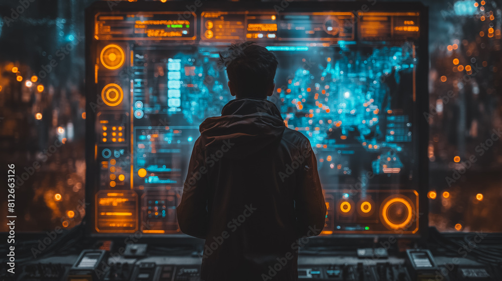 Poster a man is looking at a computer monitor with a hoodie on. the monitor is displaying a lot of numbers 