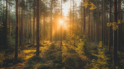 Fototapeta premium A forest with a sun shining through the trees. The sun is casting a warm glow on the forest floor