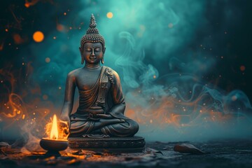 Calm buddha statue in meditation with a warm candle glow and mystical smoke on a blue backdrop