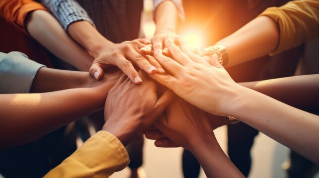 A young people placing their hands together. Friends with stack of hands showing unity and teamwork.