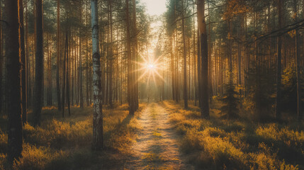 Fototapeta premium A sunbeam shines through the trees, illuminating a path in the woods. The scene is peaceful and serene, with the sun casting a warm glow on the trees and the ground