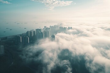 Fototapeta premium Aerial view of a city skyline with clouds below. Perfect for travel or urban concepts