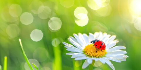 A red ladybug sits on a white flower in a field of green grass - Powered by Adobe