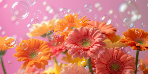 Playful Gerbera Daisies Surrounded by Bubbles on a Vibrant Pink Background