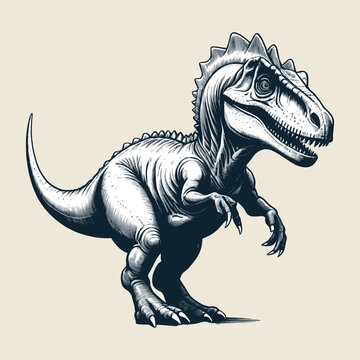 Dinosaur 70s vintage black and white engraved vector style