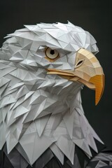 A close-up image capturing the intricate detail of a geometric paper sculpture in the shape of an eagle's head