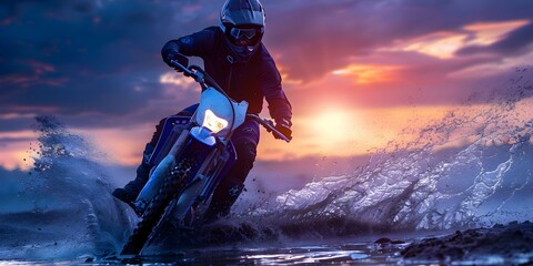 Obraz premium Riding a dirt bike through challenging terrain at sunset takes courage. Concept Dirt Biking, Outdoor Adventure, Sunset Adventure, Challenging Terrain, Courage and Thrills