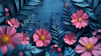 paper-cut-style background Floral garden scene , texture and shadow, fashion photography, space for text, 8k.