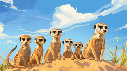 Family of Meerkats on a sand hill, cartoon Illustration
