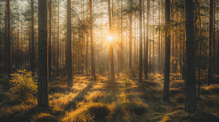 A forest with a sun shining through the trees