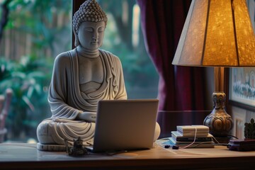 Tranquil buddha statue beside a modern laptop and books, symbolizing peaceful technology integration