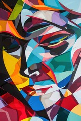 Vibrant artwork depicting a face in a cubist style with a multitude of colors and shapes
