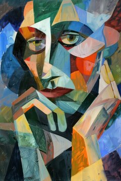 A highly abstracted, colorful portrait painting uses geometric shapes to depict human features with unique artistic flair
