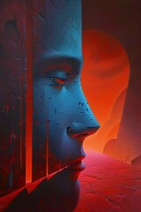 An evocative abstract artwork resembling a cave-like structure in shades of red and black