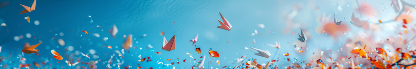 A blue sky with a lot of paper birds flying in it - Powered by Adobe