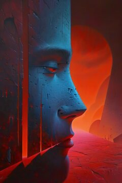 An evocative abstract artwork resembling a cave-like structure in shades of red and black