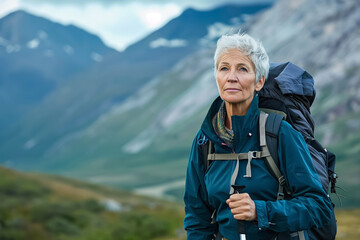 Naklejka premium Elderly female hiker exploring mountainous terrain with a large backpack.
