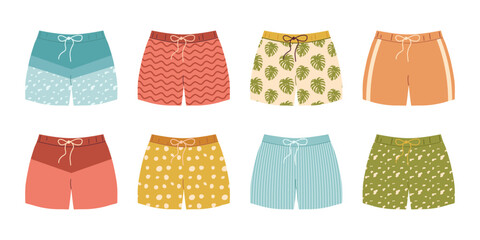 Men swim trunks and underpants. Colorful underwear clothing. Vector flat set illustration. Classic underclothing isolated models © Alesia