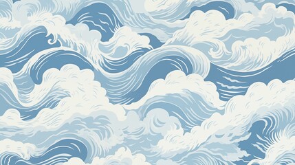 Stylized blue and white ocean waves illustration forming a seamless pattern.