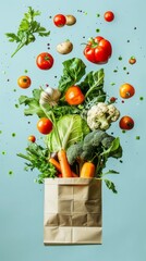 Fresh Vegetables Floating Around Paper Bag on Light Blue Background