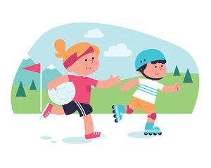 Fototapeta premium Summer camp. Children do different forms of activity, kids spend free time and relax at the summer camp, recuperate, poster, entertainment, sports, pastime, good mood