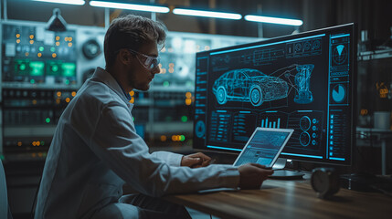 A man in a lab coat is working on a computer monitor that displays a car design