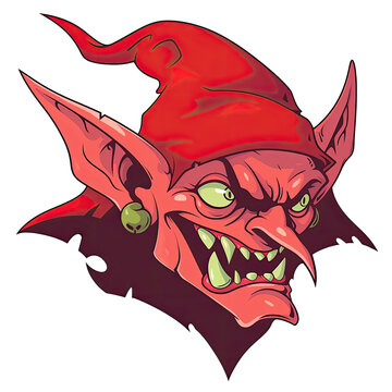 An illustration of the head of a goblin with a red face and a red hat