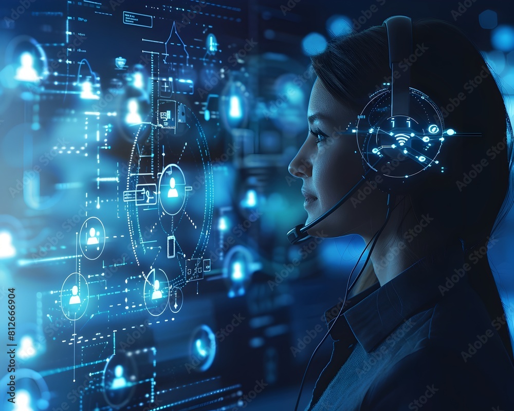 Poster Virtual Call Center Agents Supporting Clients Through Digital Interface in Business Networking and Communication Concept