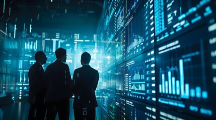 Futuristic Executive Team Monitoring Financial Data on Augmented Reality Display