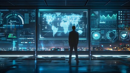 Futuristic Executive Team Reviewing Digital Financial Predictions on Augmented Reality Dashboard