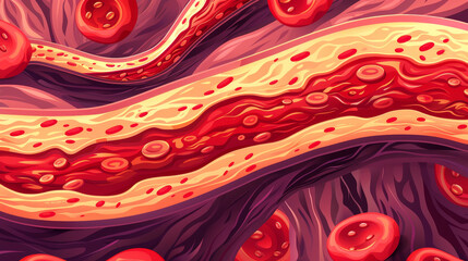 ฺBlood vessels. An illustration of blood vessels with a focus on the smooth muscle layers that regulate blood flow and pressure.