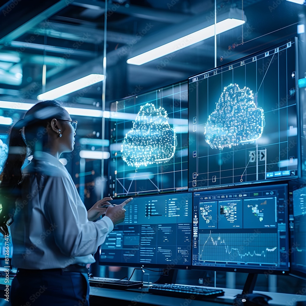 Poster engineers monitoring cloud computing infrastructure on high tech screens in control room
