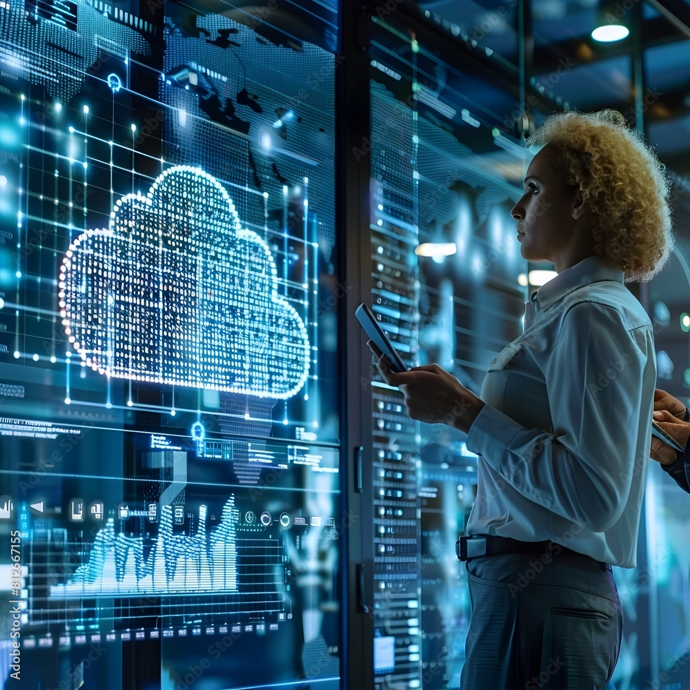 Poster engineers monitoring cloud computing infrastructure on large screens in high tech control room