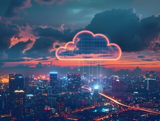 Glowing Cloud Computing Concept Over Vibrant City Skyline at Dramatic Sunset