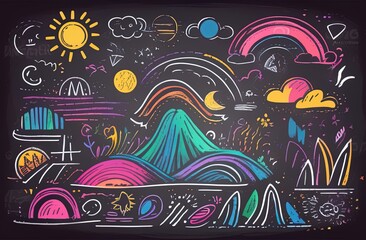 school board with drawing Back to School Title Words with Realistic School Items With Colored Pencils, Scissor, Pen and Ruler in a dark Texture Background. Happy Teacher's Day