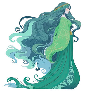 An illustration of Rusalka with white skin and green hair, viewed from the side