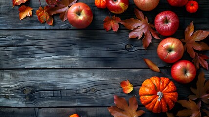 A colorful display of pumpkins, pumpkins and leaves sitting in a row on wooden background. Space for text.