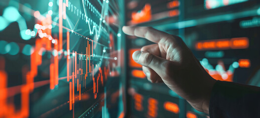 Hand pointing at advanced financial graphs on a digital screen, high-tech business analytics