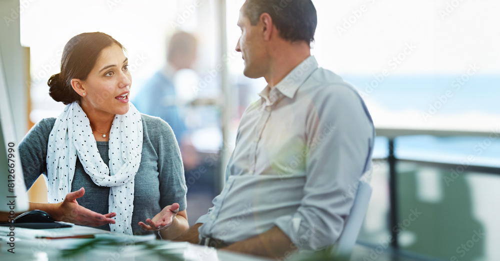 Poster collaboration, help or planning with employee and mentor in office together for discussion. business