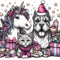 Many animals include dogs, cats, unicorns with gifts art art photo has illustrative meaning illustrator.