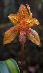 Close-up of an orange orchid with water droplets, highlighting texture and natural beauty