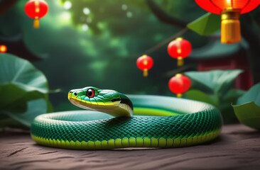 Obraz premium Green snake. Symbol of Chinese New Year 2025 green snake. Red chinese lanterns on background, soft focus.