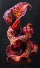 Striking image of red calla lilies with spotted patterns, curling petals and rich color invoking a sense of drama