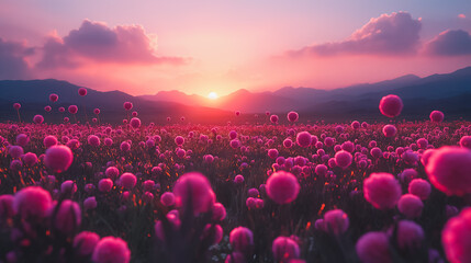 A field of pink flowers with a beautiful sunset in the background