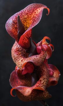 Striking image of red calla lilies with spotted patterns, curling petals and rich color invoking a sense of drama