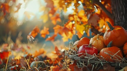 Bright background with beautiful thanksgiving decorating. Pumpkins with fruits, flowers, vegetables and leaves.