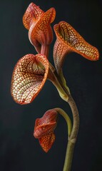 An exquisite capture of the unique structure and captivating pattern of Sarracenia pitcher plants, standing out against a dark backdrop