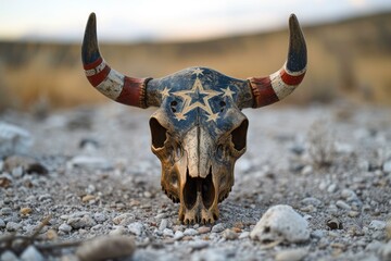 Artistic bull skull painted with stars and stripes motif, symbolizing the wild west