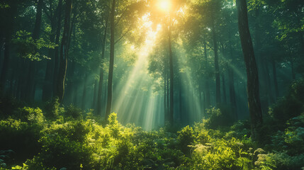 Obraz premium A forest with sunlight shining through the trees