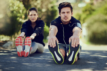 Couple, stretching legs and portrait before fitness, exercise and workout on road outdoor. People,...